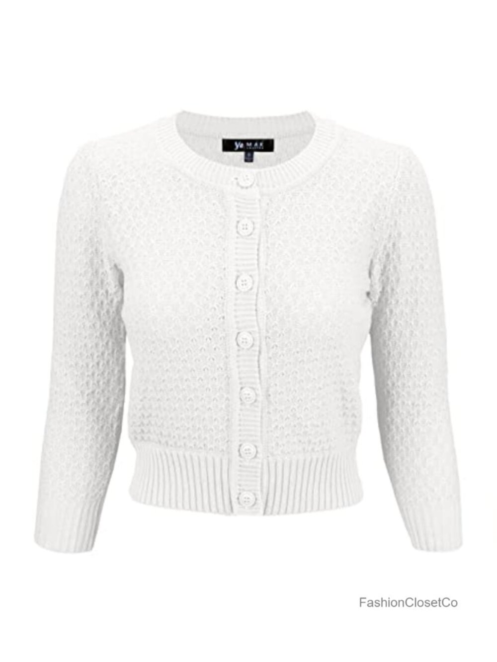 Cropped Crewneck Cardigan 3/4 Sleeve 100% Cotton Crochet Knit